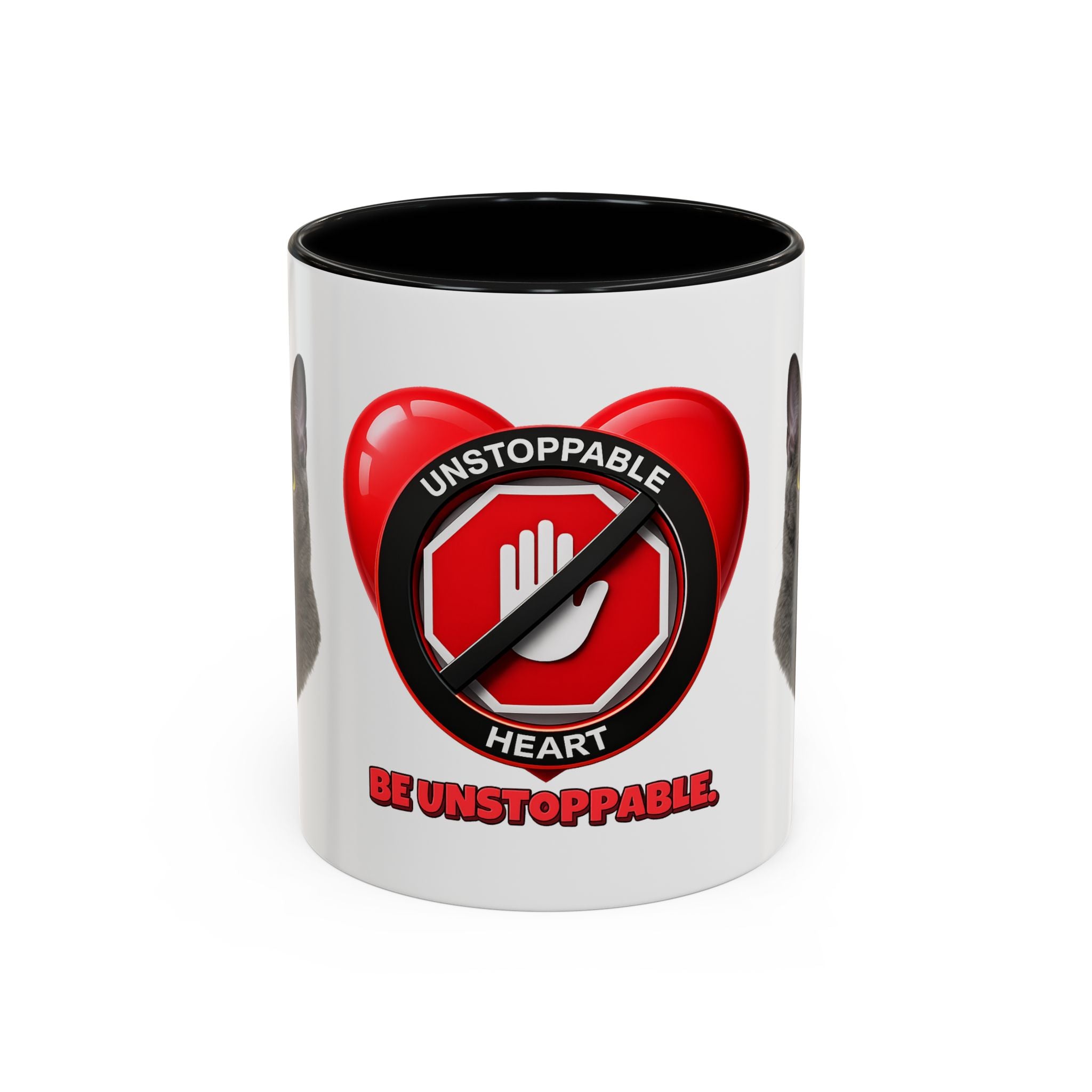 Unstoppable Heart Coffee Mug — 'Be Unstoppable' Black Accent Mug (Cat Lover Gift)