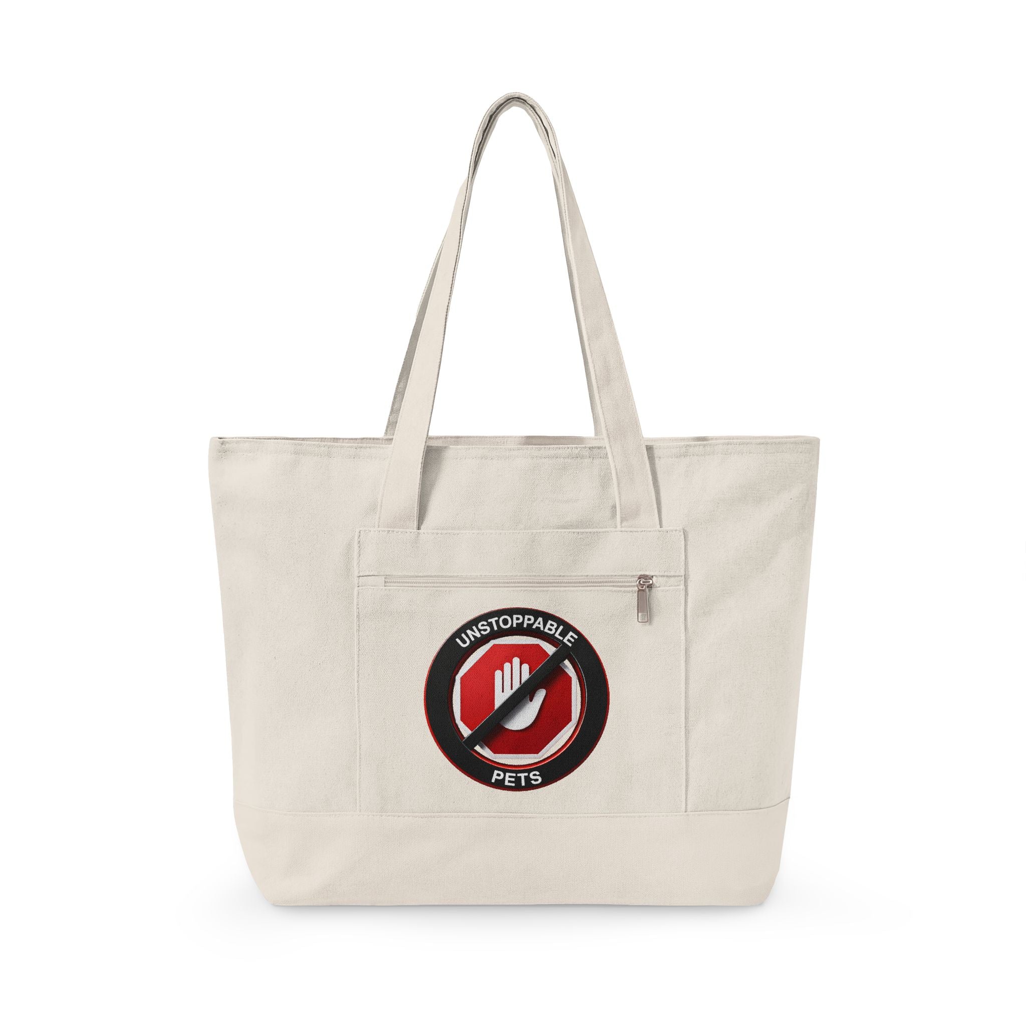 Canvas Tote Bag — "Unstoppable Pets" NO STOPPING Logo & "We Will Never" inspirational message Cat Tribute Design